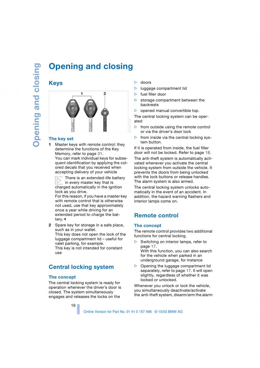 BMW Z4 E85 E86 owners manual / page 18