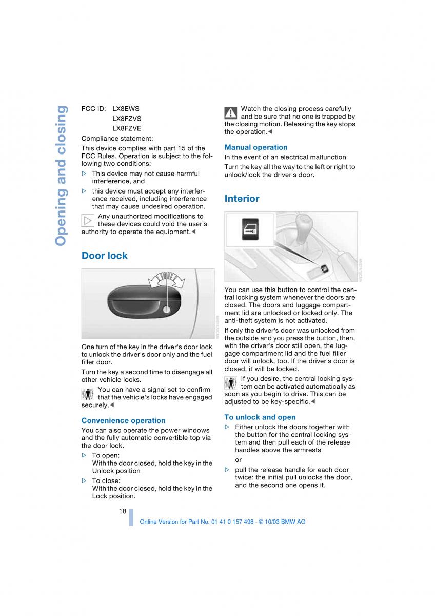 BMW Z4 E85 E86 owners manual / page 20