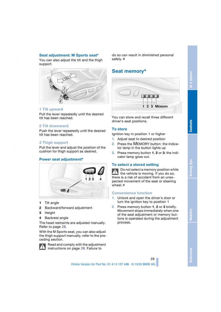 BMW Z4 E85 E86 owners manual / page 31