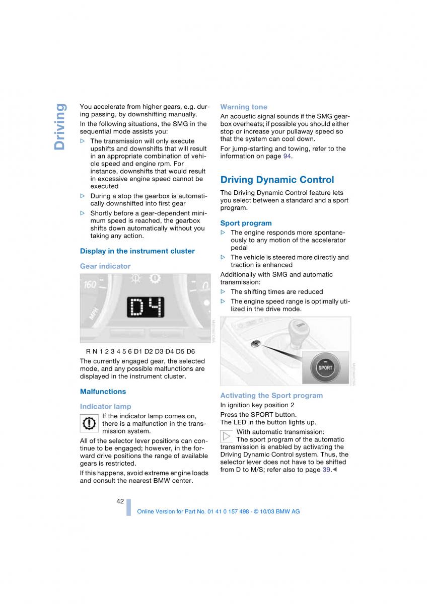 BMW Z4 E85 E86 owners manual / page 44