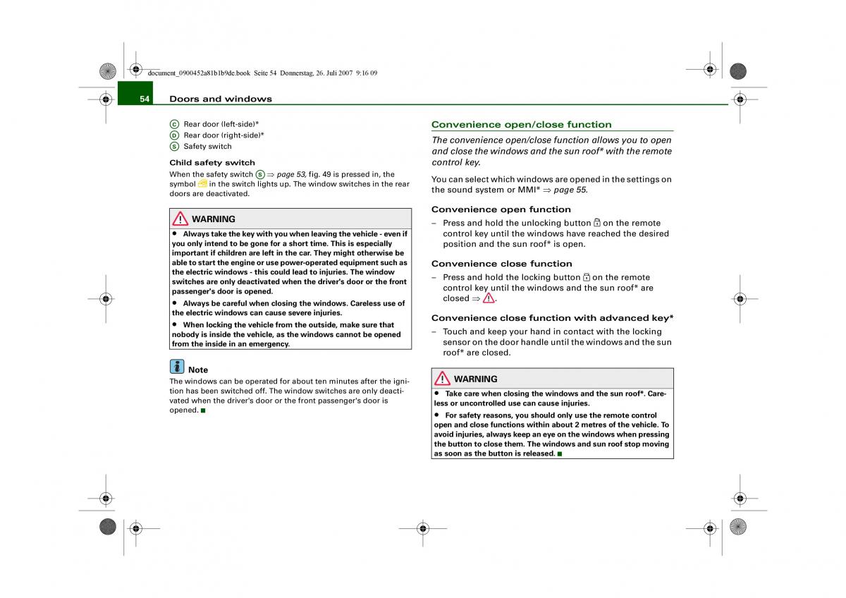 Audi A4 B8 owners manual / page 56