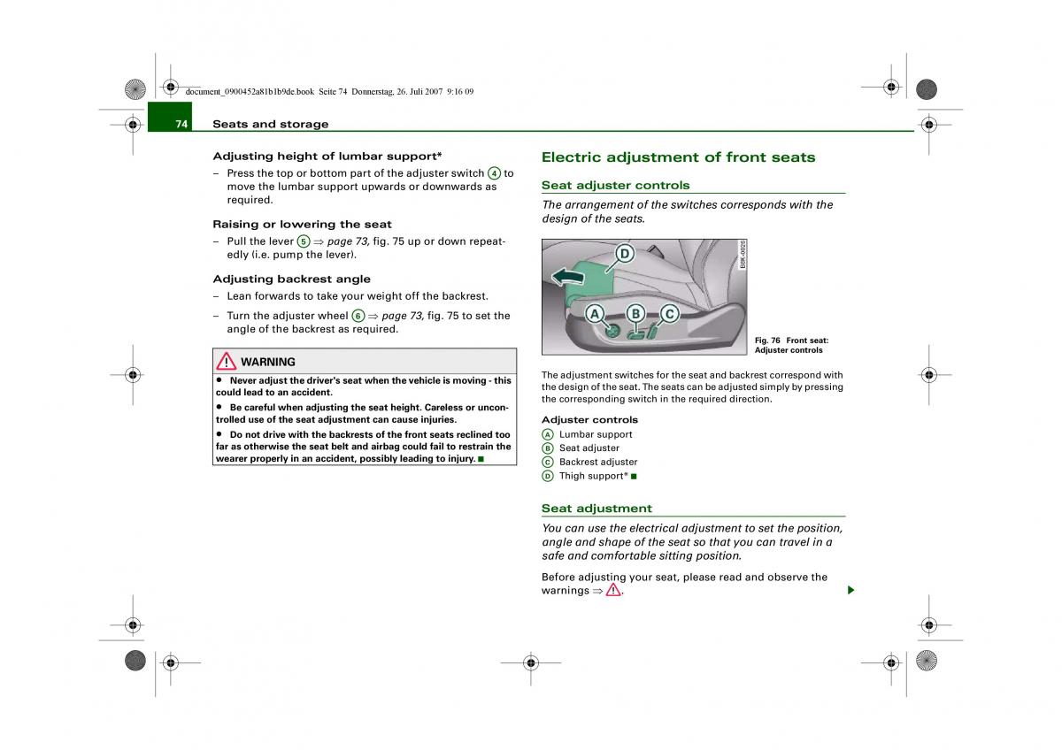 Audi A4 B8 owners manual / page 76