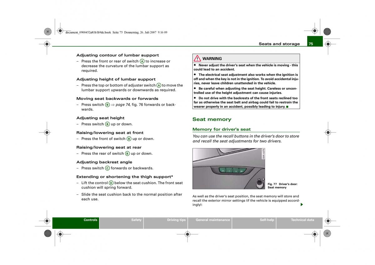 Audi A4 B8 owners manual / page 77