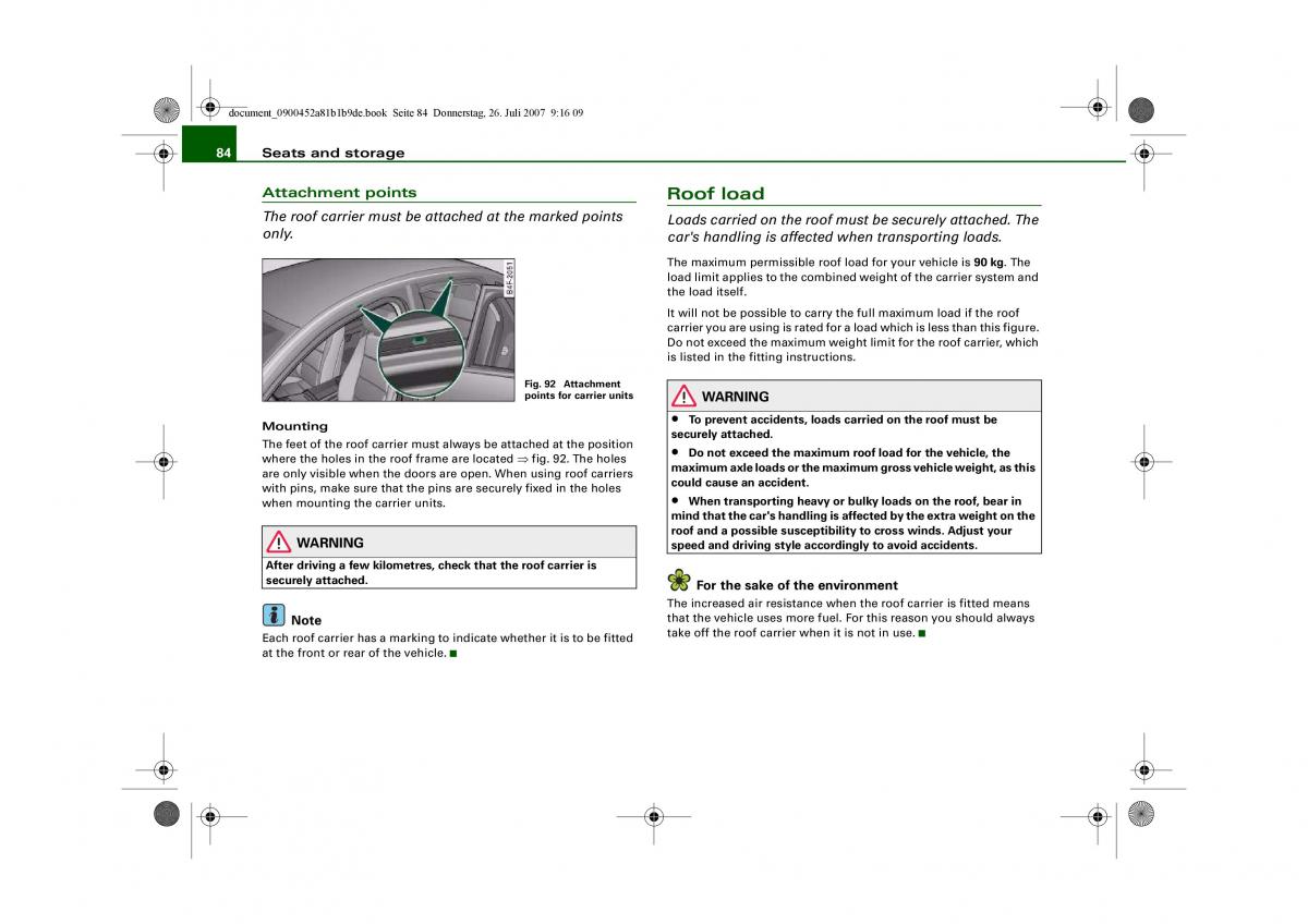 Audi A4 B8 owners manual / page 86