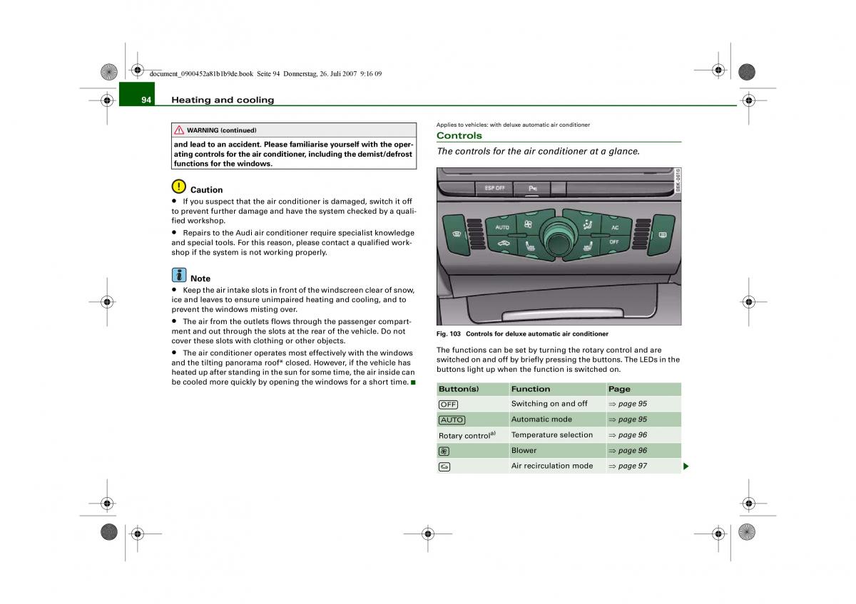 Audi A4 B8 owners manual / page 96