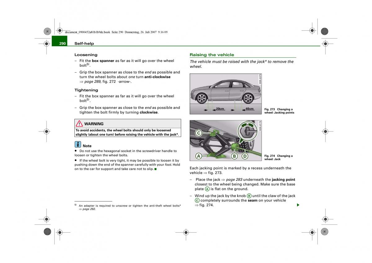 Audi A4 B8 owners manual / page 292