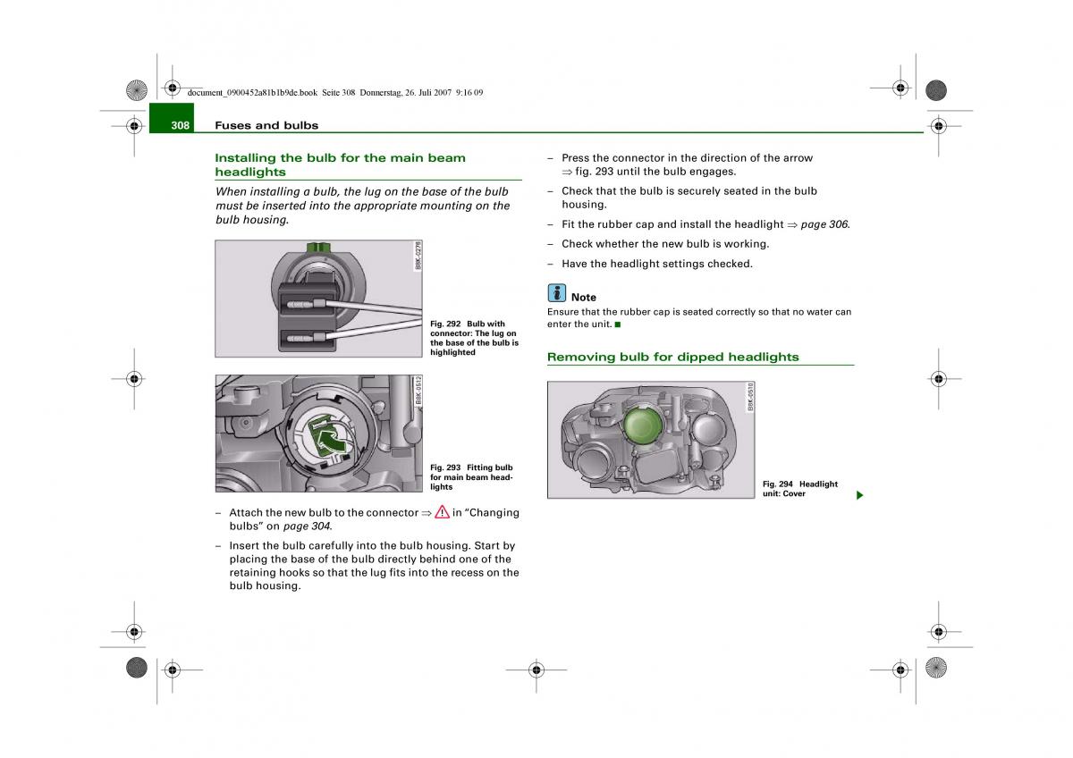 Audi A4 B8 owners manual / page 310