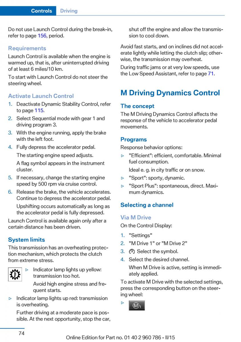 BMW M4 F82 F84 Coupe M Power owners manual / page 78