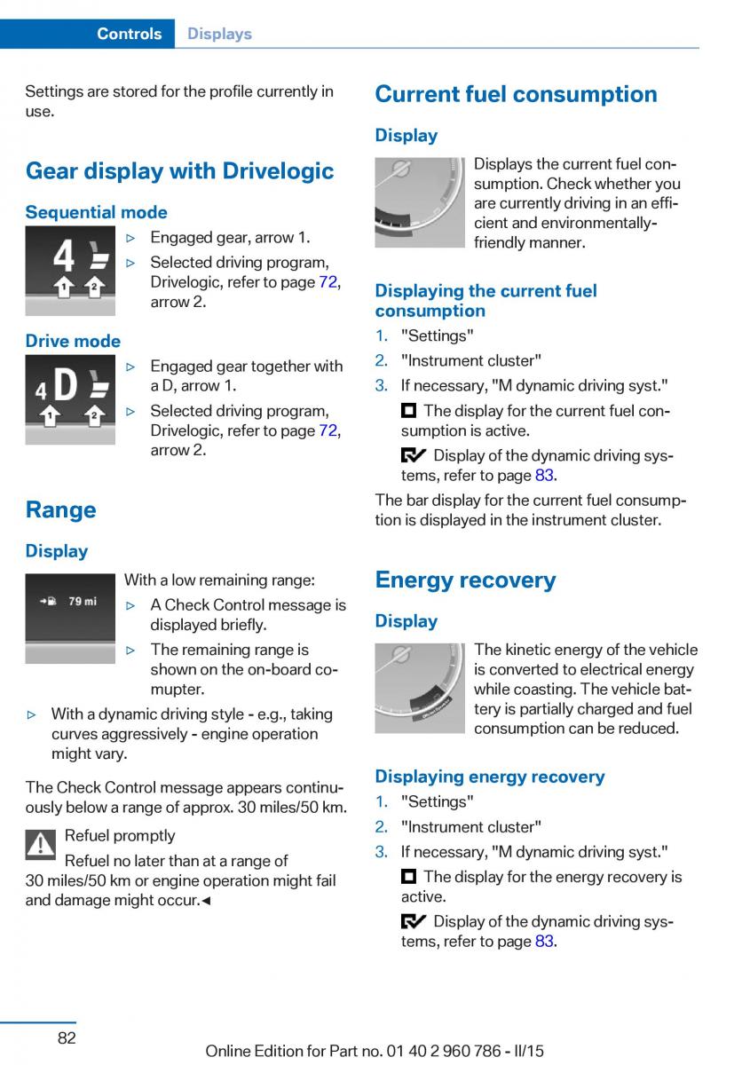 BMW M4 F82 F84 Coupe M Power owners manual / page 86