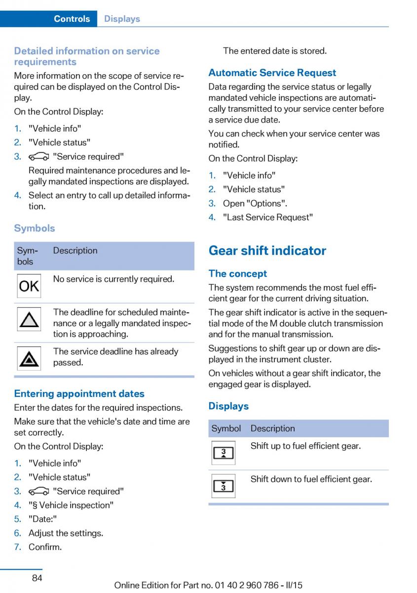 BMW M4 F82 F84 Coupe M Power owners manual / page 88