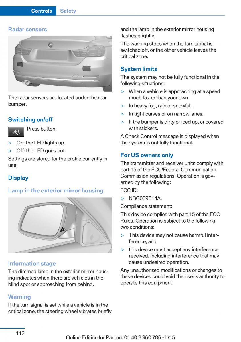 BMW M4 F82 F84 Coupe M Power owners manual / page 116