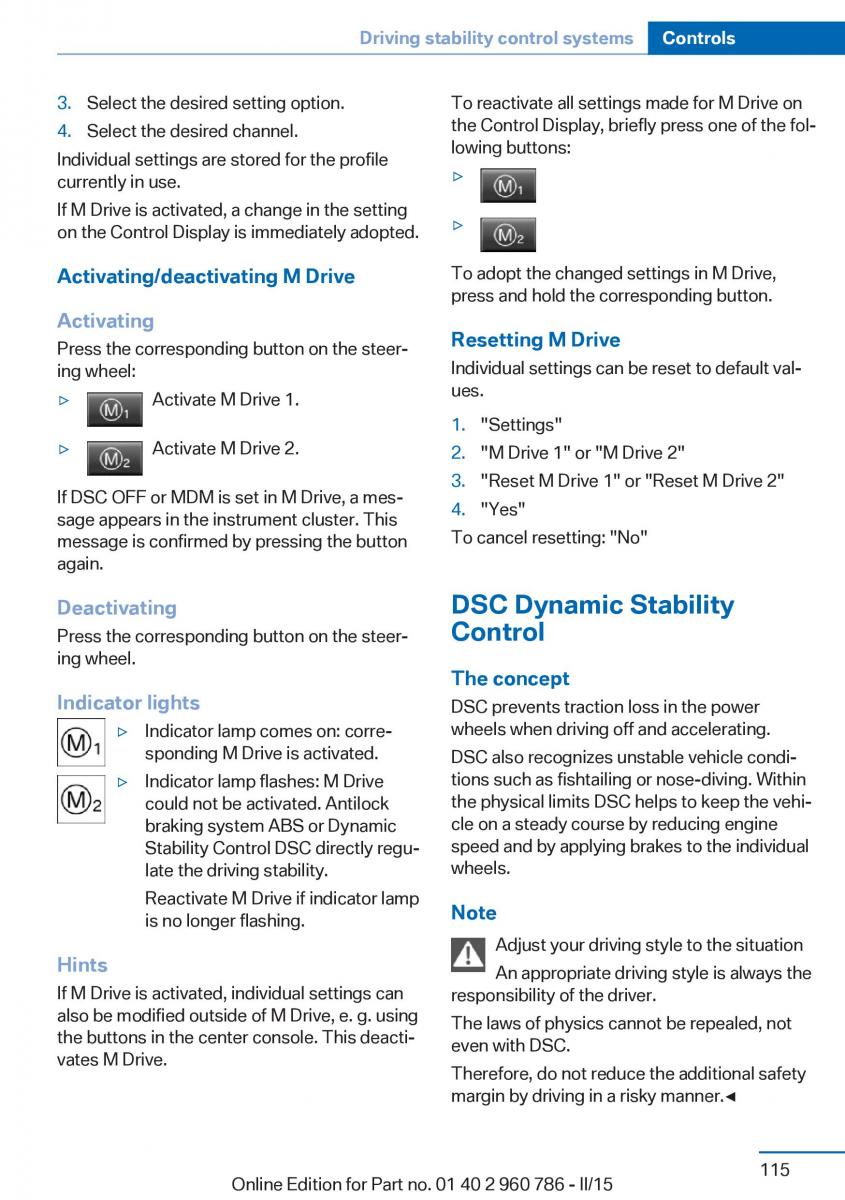 BMW M4 F82 F84 Coupe M Power owners manual / page 119