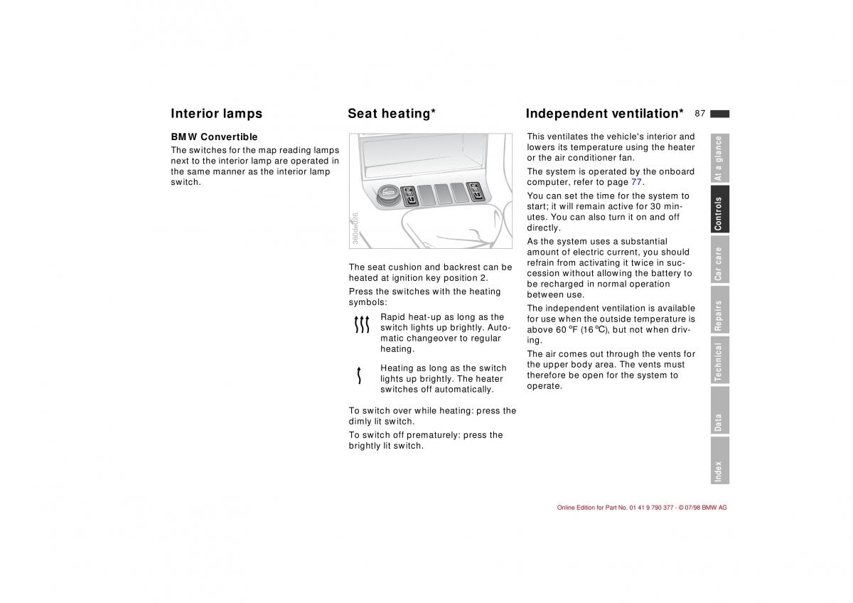 BMW 3 E36 owners manual / page 88