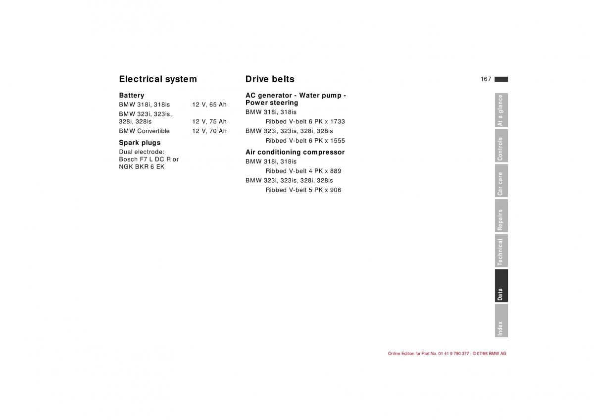 BMW 3 E36 owners manual / page 168