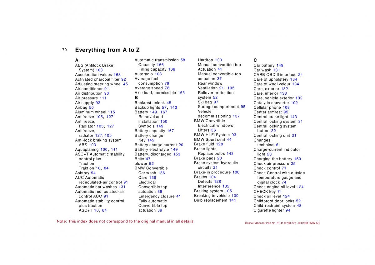 BMW 3 E36 owners manual / page 171