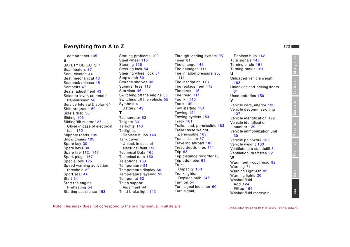 BMW 3 E36 owners manual / page 174