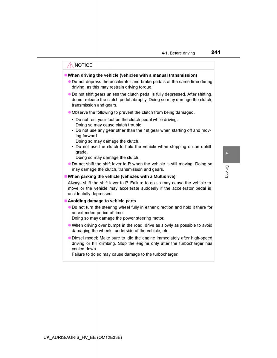 Toyota Auris II 2 owners manual / page 241