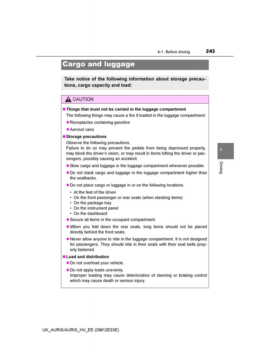 Toyota Auris II 2 owners manual / page 243