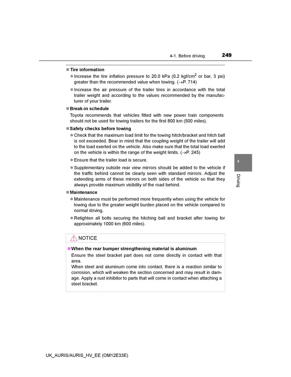 Toyota Auris II 2 owners manual / page 249