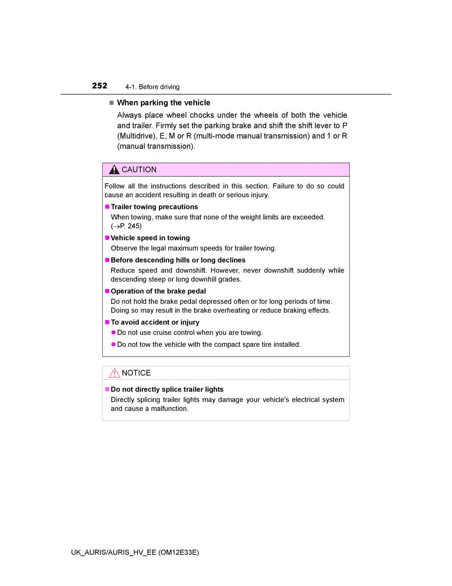 Toyota Auris II 2 owners manual / page 252