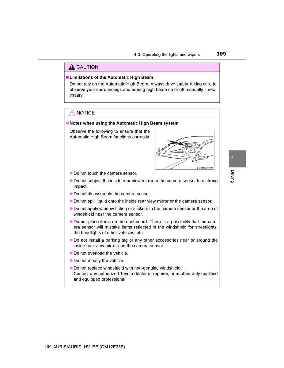 Toyota Auris II 2 owners manual / page 309