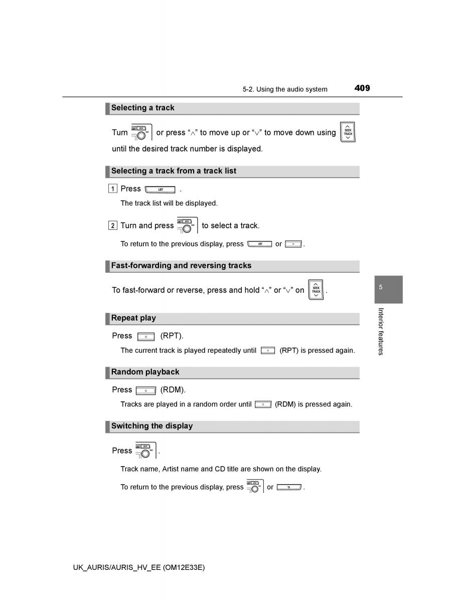 Toyota Auris II 2 owners manual / page 409