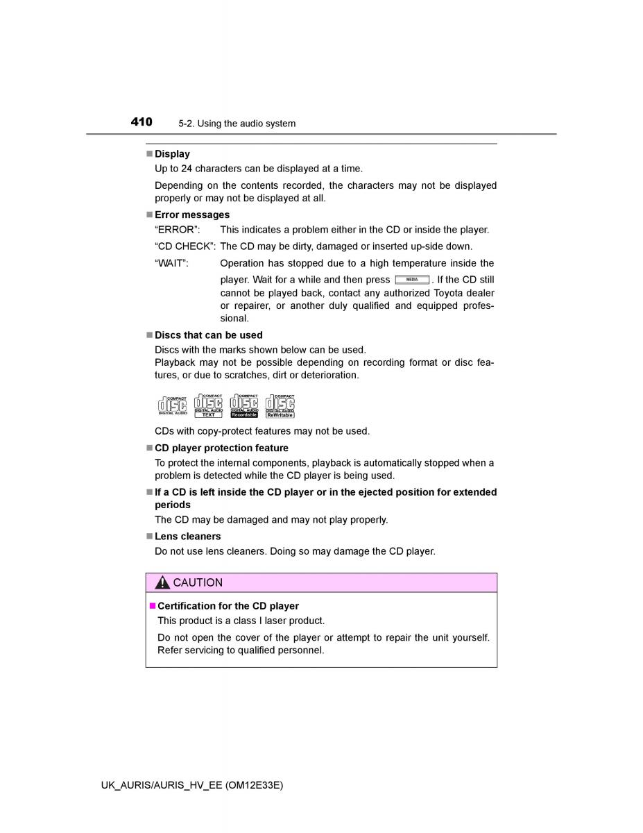 Toyota Auris II 2 owners manual / page 410