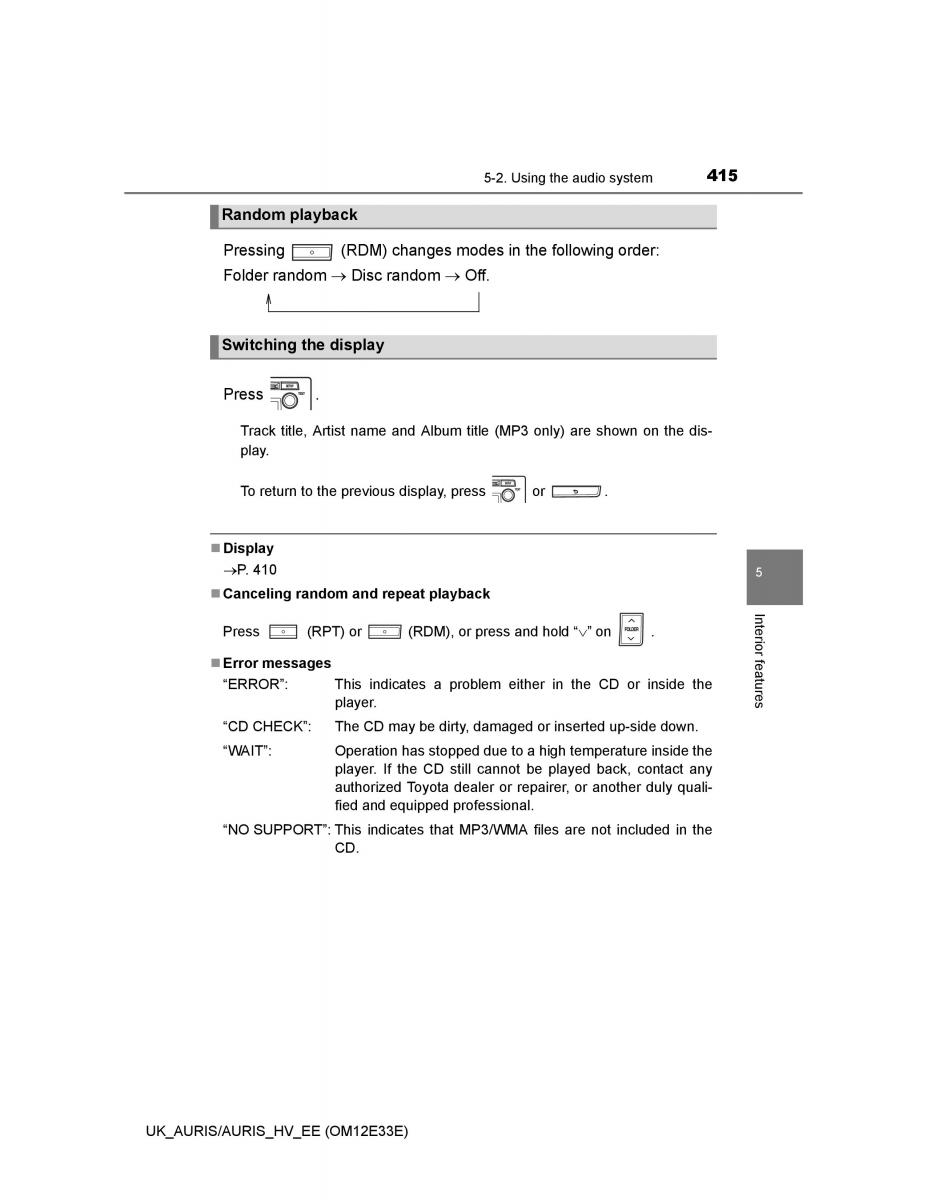 Toyota Auris II 2 owners manual / page 415