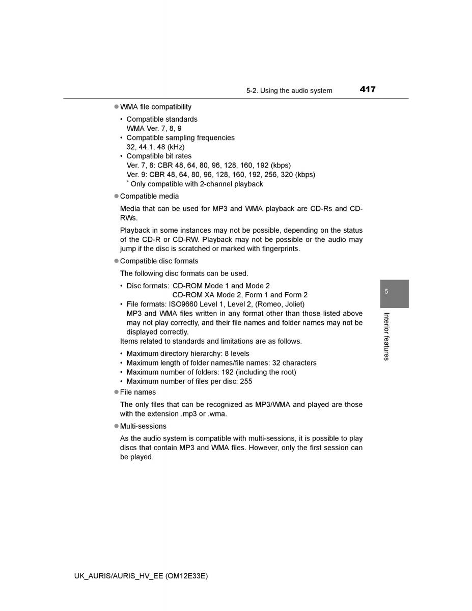 Toyota Auris II 2 owners manual / page 417