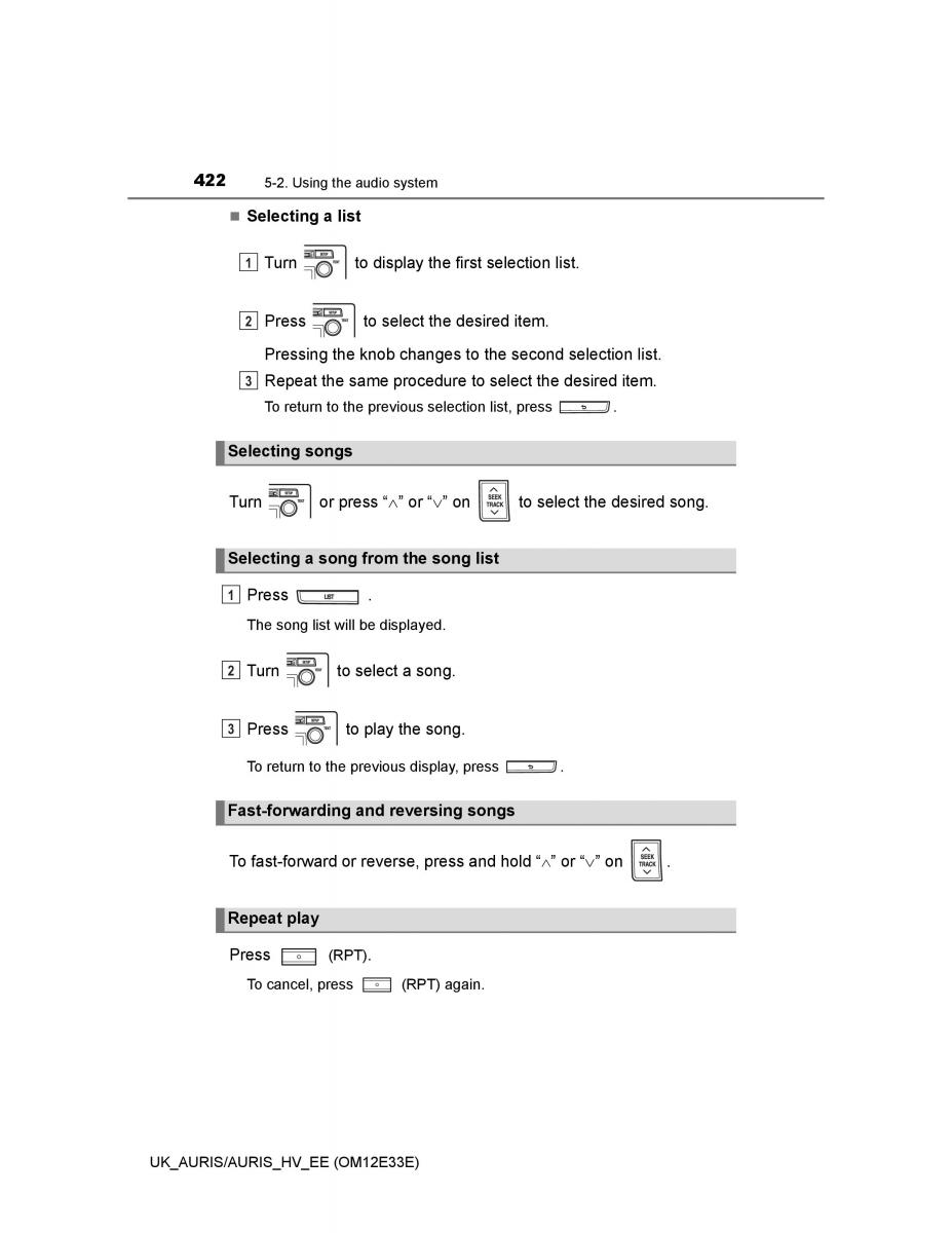 Toyota Auris II 2 owners manual / page 422