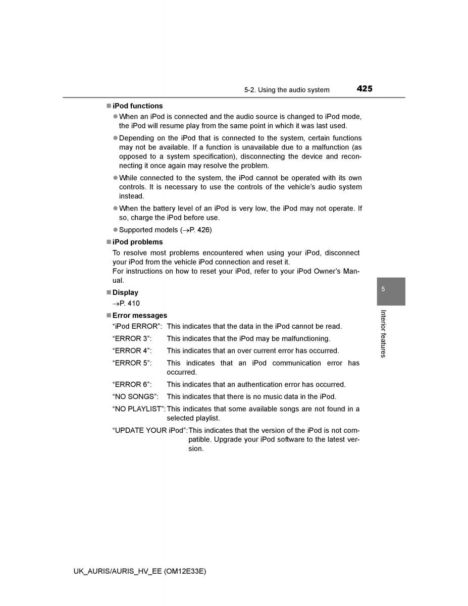 Toyota Auris II 2 owners manual / page 425