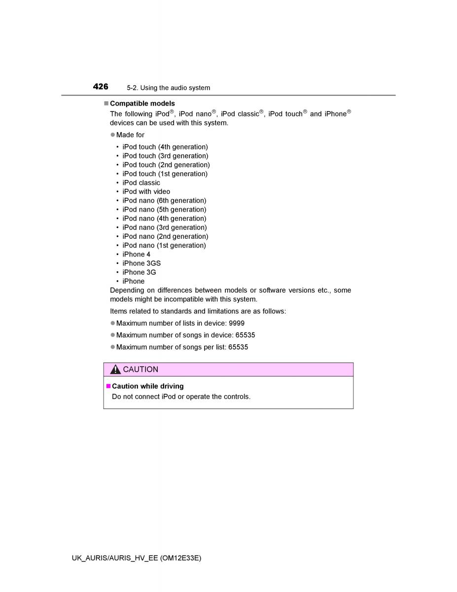 Toyota Auris II 2 owners manual / page 426