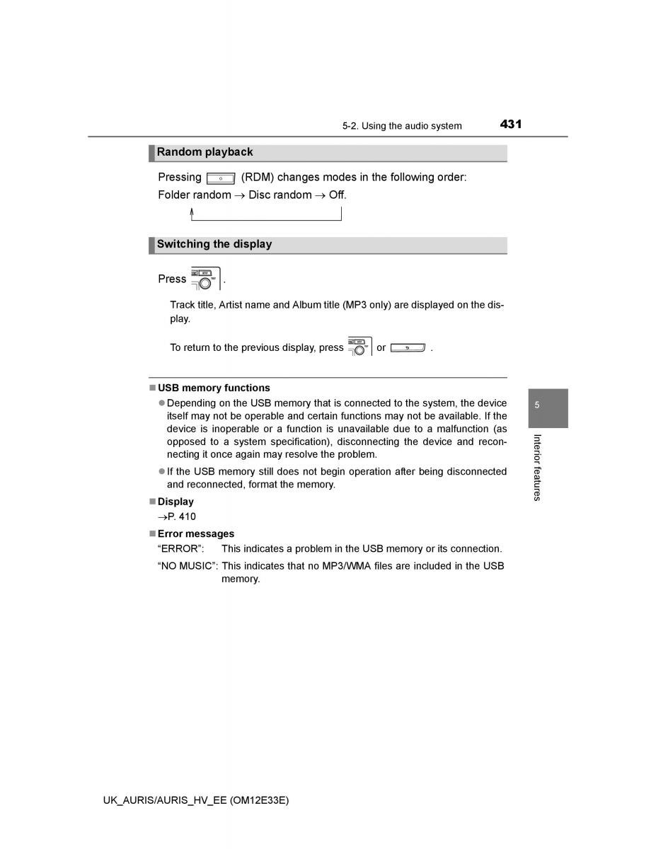 Toyota Auris II 2 owners manual / page 431