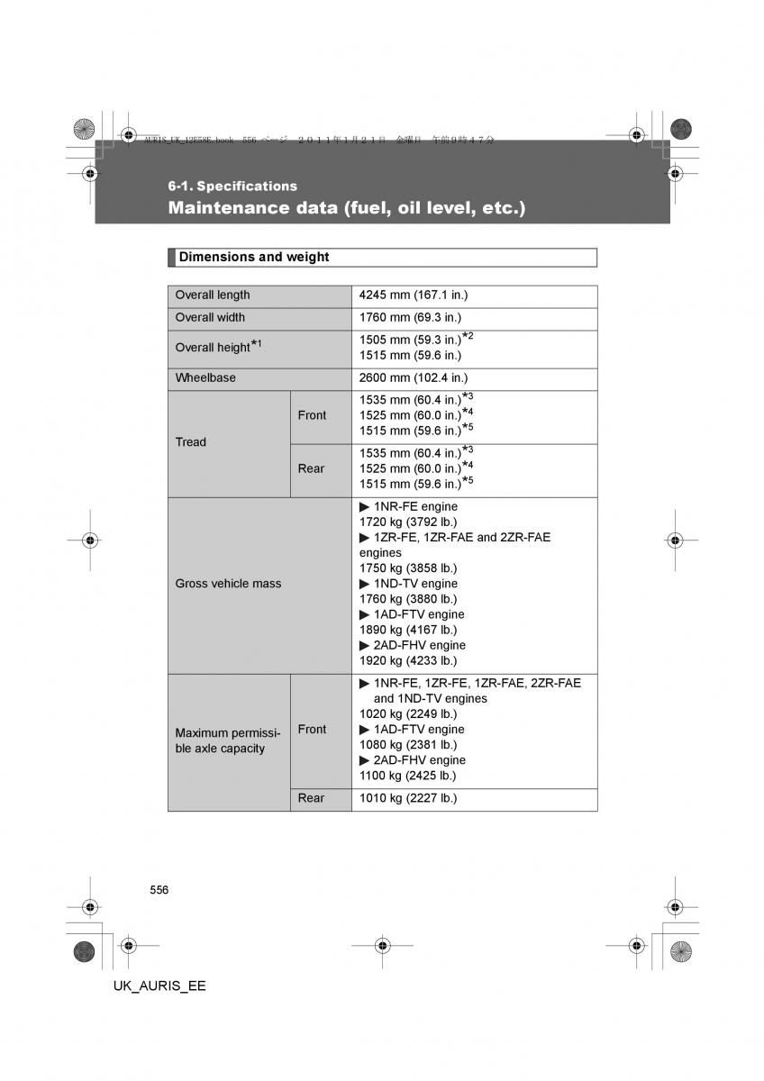 Toyota Auris I 1 owners manual / page 556