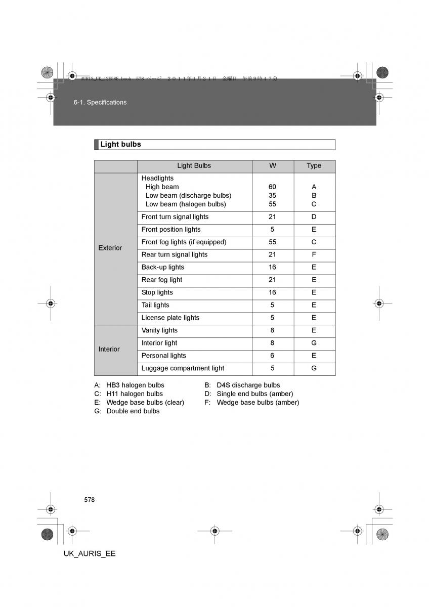 Toyota Auris I 1 owners manual / page 578