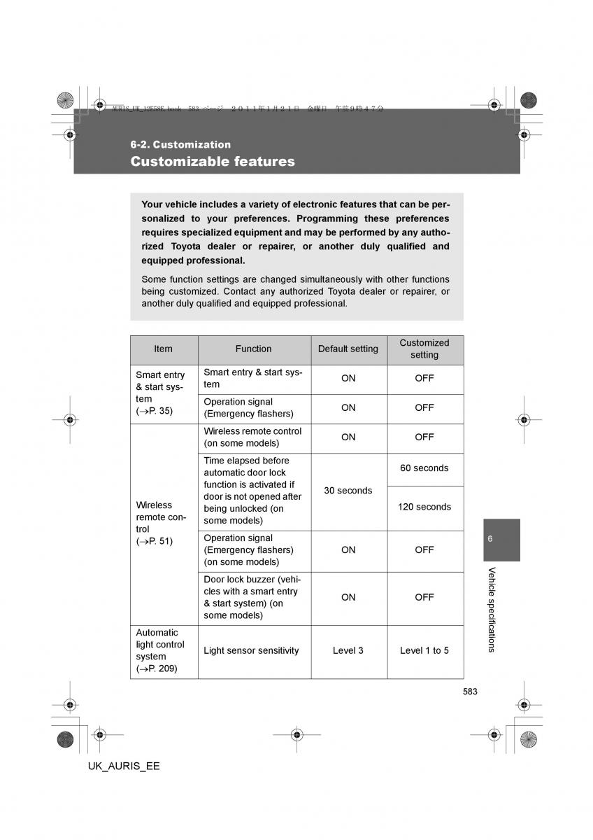 Toyota Auris I 1 owners manual / page 583