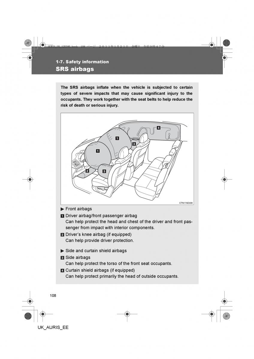 Toyota Auris I 1 owners manual / page 108