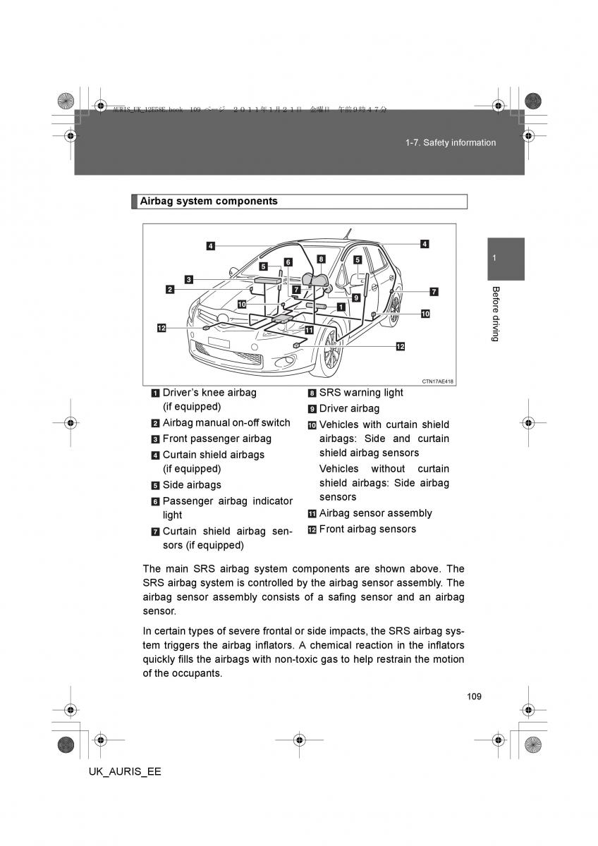 Toyota Auris I 1 owners manual / page 109