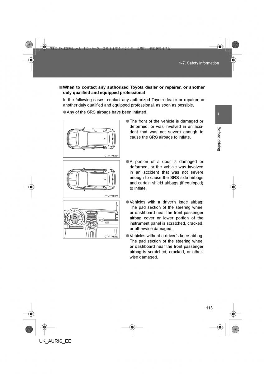 Toyota Auris I 1 owners manual / page 113