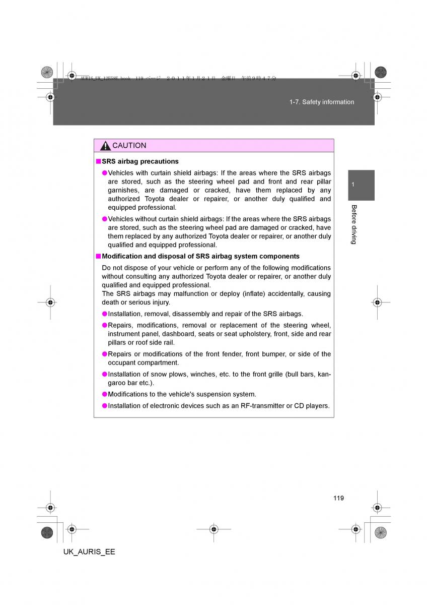 Toyota Auris I 1 owners manual / page 119