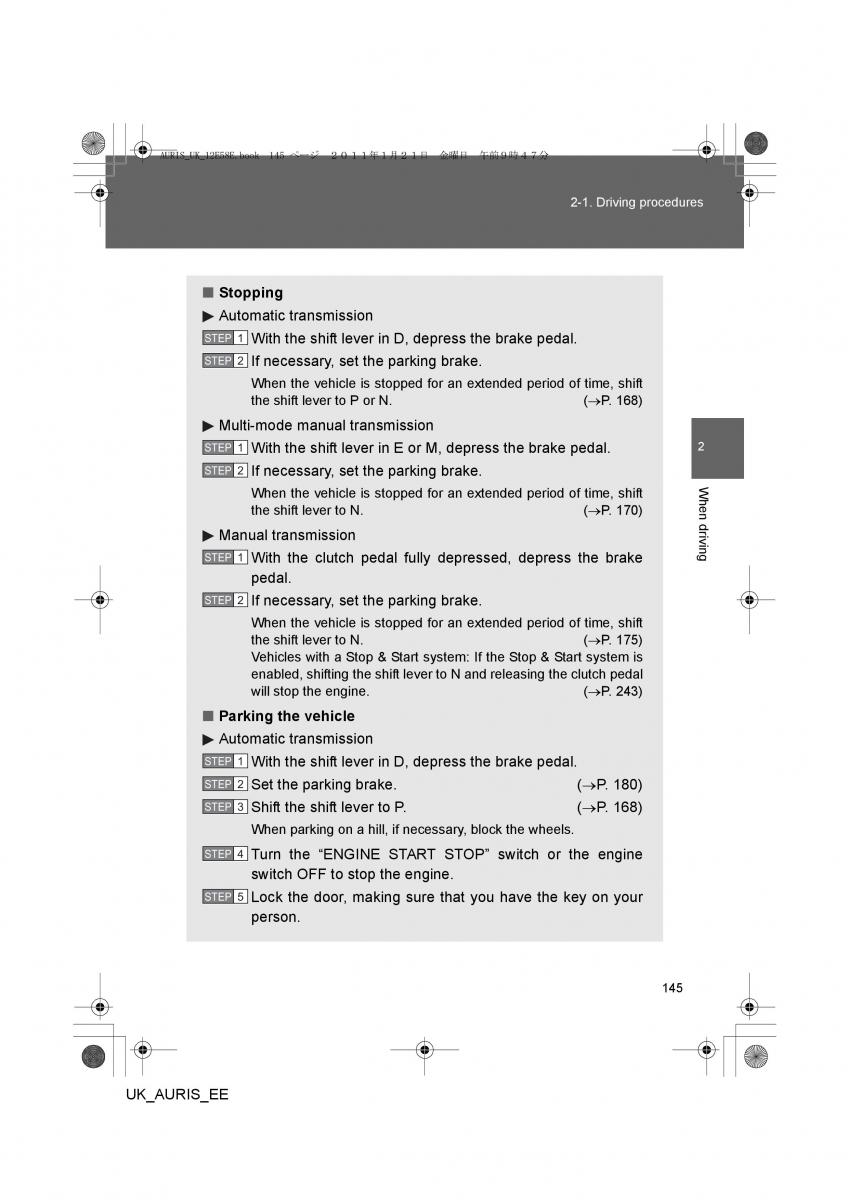 Toyota Auris I 1 owners manual / page 145