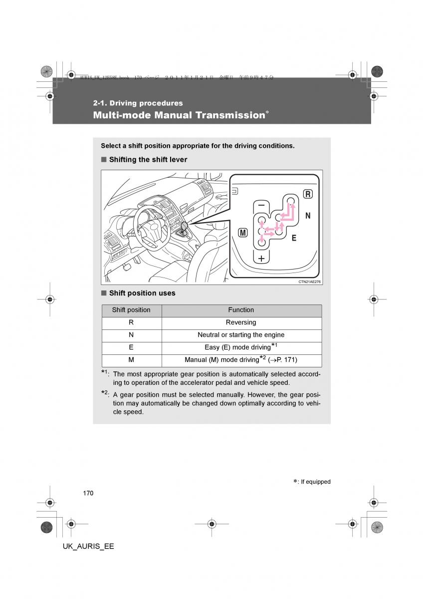 Toyota Auris I 1 owners manual / page 170