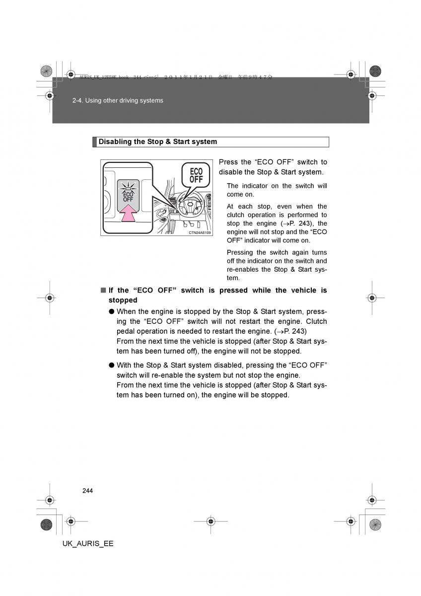 Toyota Auris I 1 owners manual / page 244