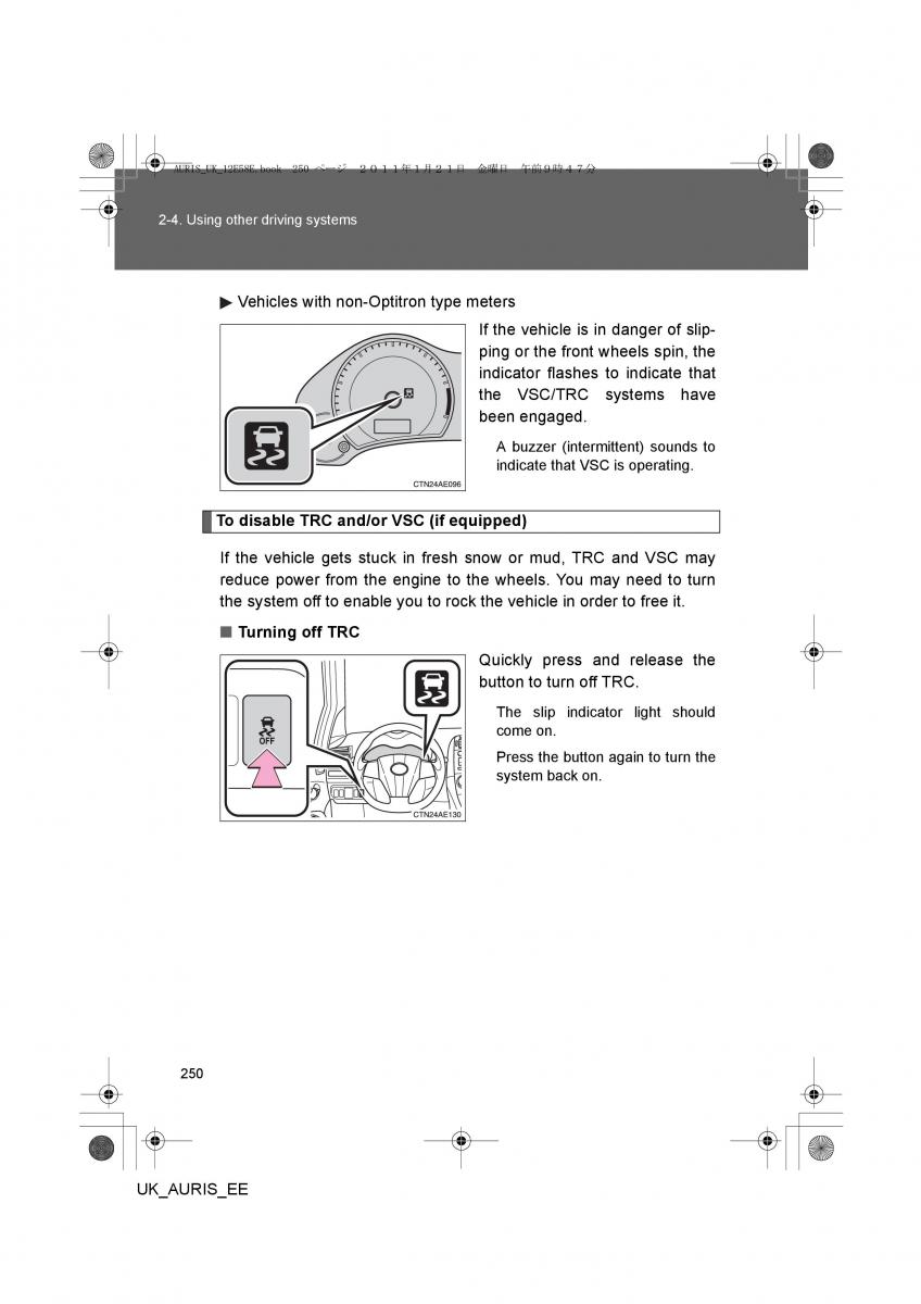 Toyota Auris I 1 owners manual / page 250