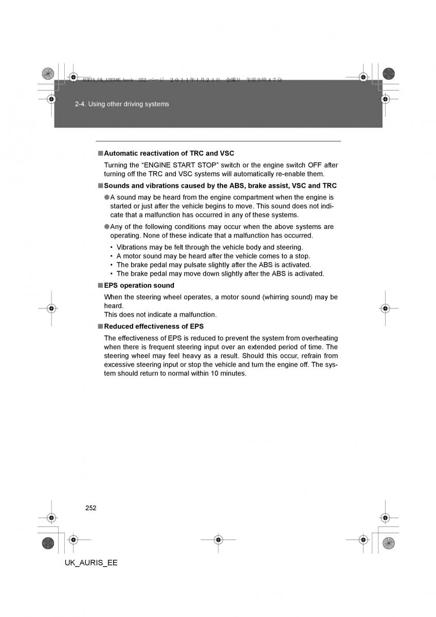 Toyota Auris I 1 owners manual / page 252