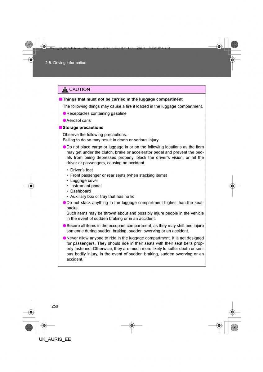 Toyota Auris I 1 owners manual / page 256