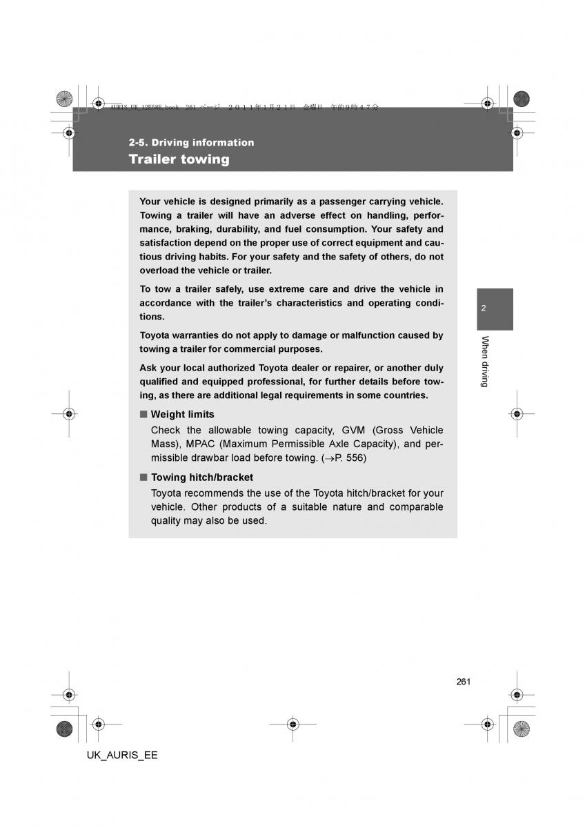 Toyota Auris I 1 owners manual / page 261