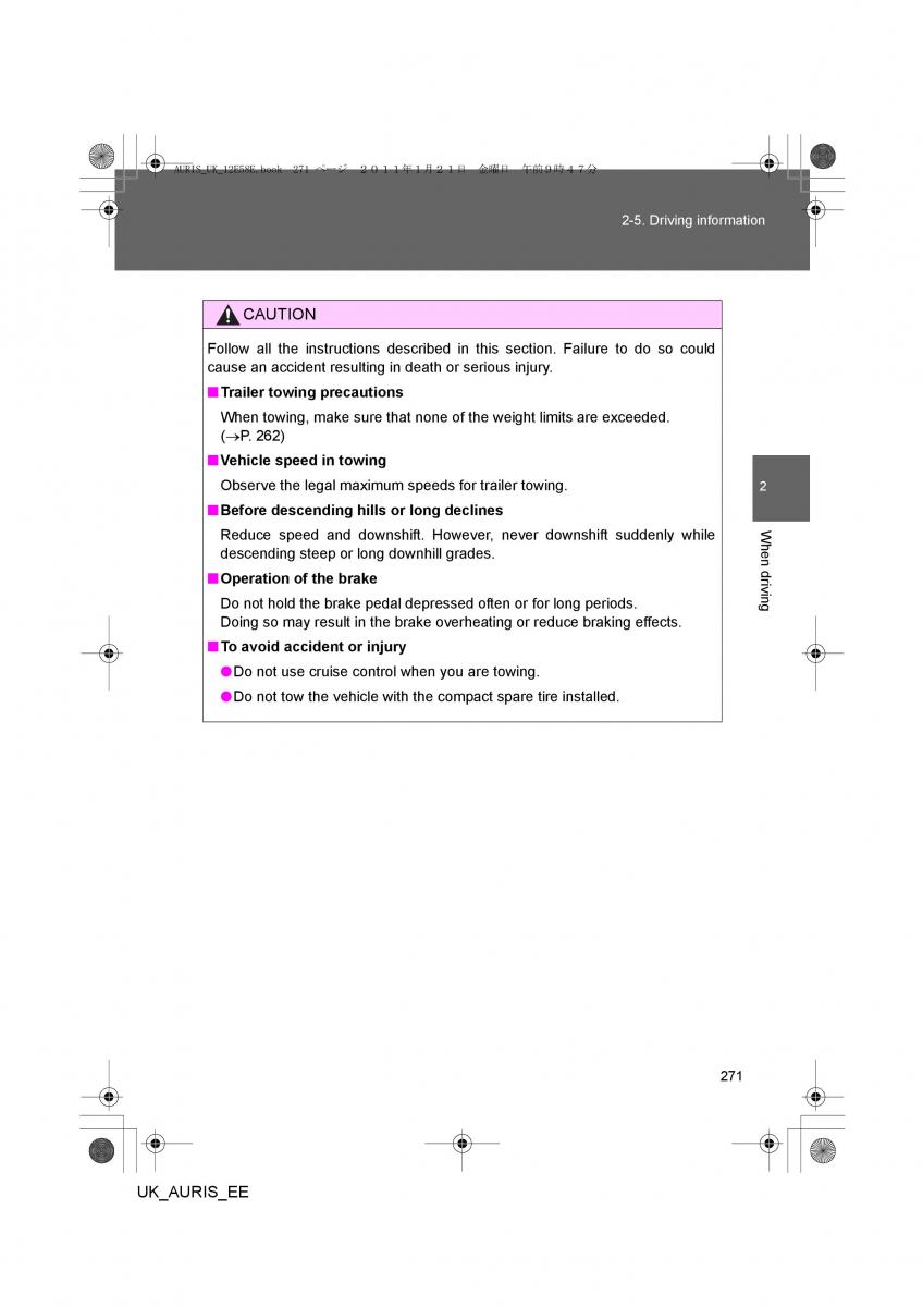 Toyota Auris I 1 owners manual / page 271