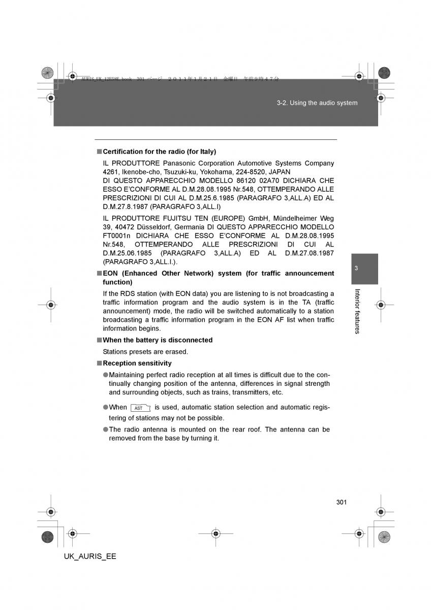 Toyota Auris I 1 owners manual / page 301