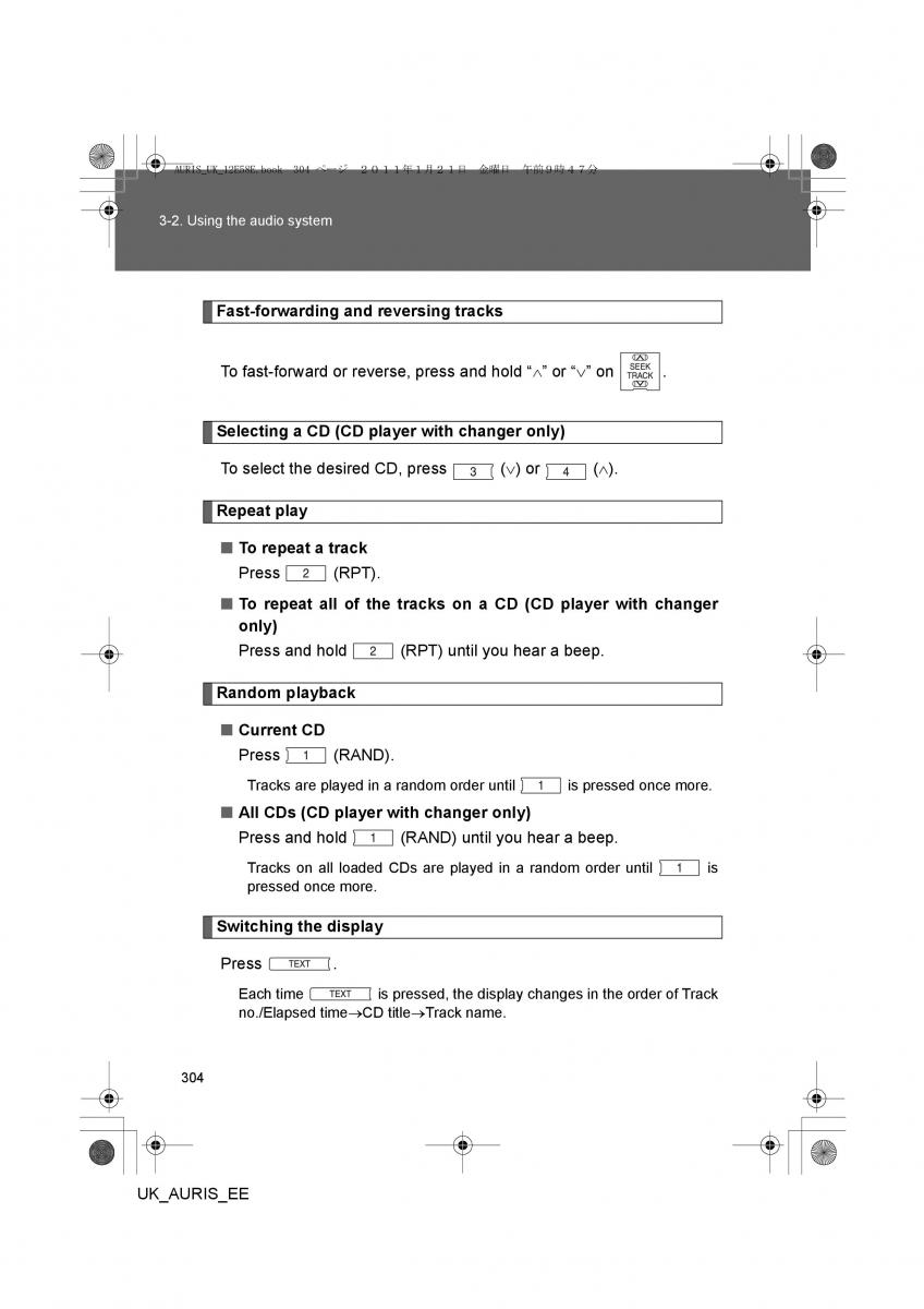 Toyota Auris I 1 owners manual / page 304